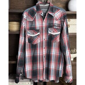 Affliction Black Premium Men's L Western Red Plaid Pearl Snap Shirt Embroidered